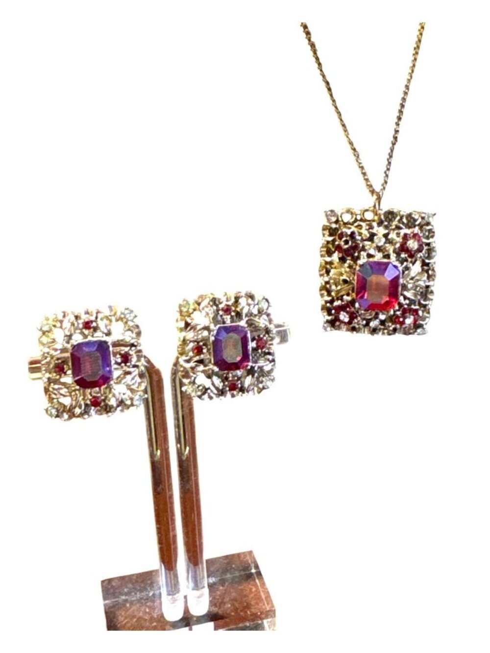 Vintage Coro AB Rhinestone Pendant Necklace Clip Earrings Set Hollywood Regency